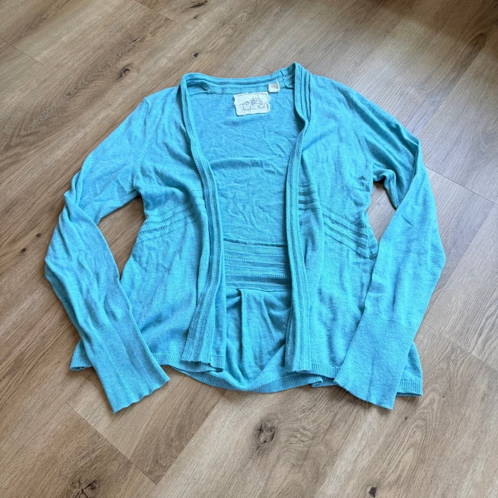 Anthropologie Angel of the North Turquoise Cotton Cashmere Open Front Cardigan L